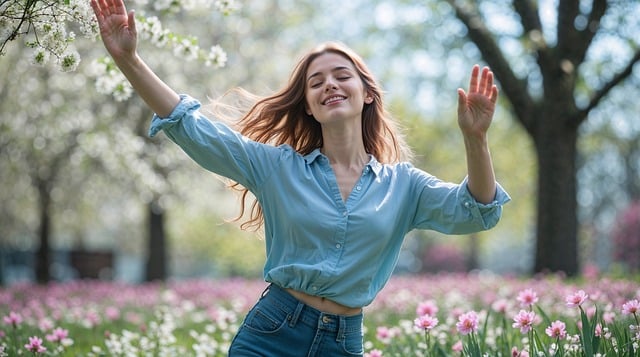Jeune femme dans un champ de fleurs. Image par Gerd Altmann de Pixabay