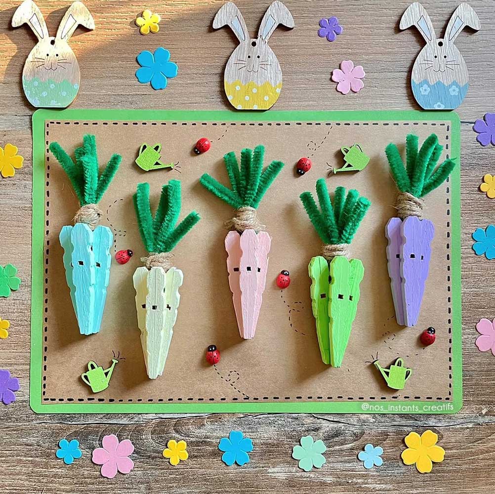 Carottes réalisées avec des pinces à linge, activité de Pâques pour enfants