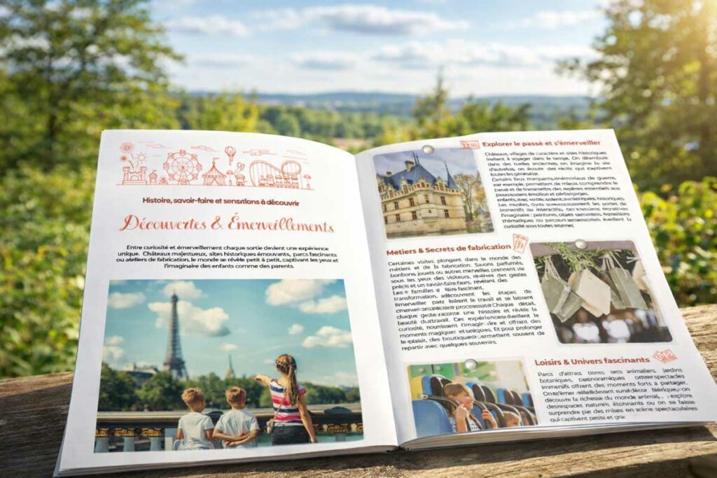 pages intérieures du Guide parental vacances et escapades en famille posé dans un décor naturel, inspiration voyage avec enfants